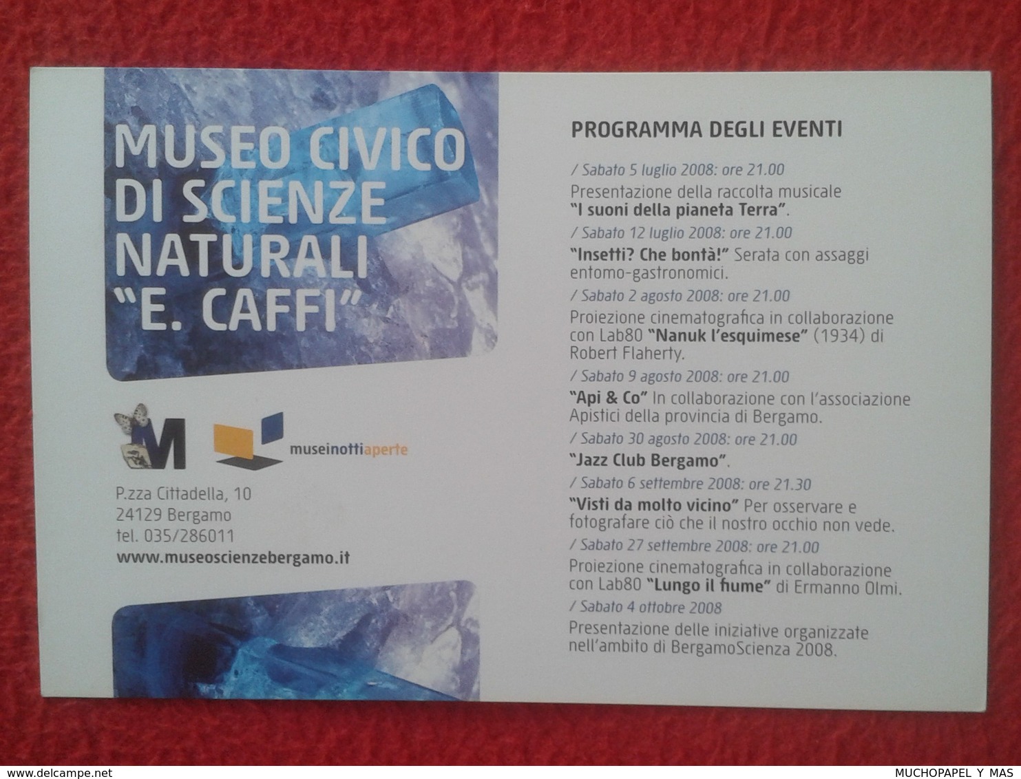 TARJETA TIPO POSTAL POST CARD POSTCARD CARTE POSTALE PUBLICIDAD PUBLICITARIA BERGAMO ITALIA ITALY MUSEO MUSEUM SCIENZE - Museos