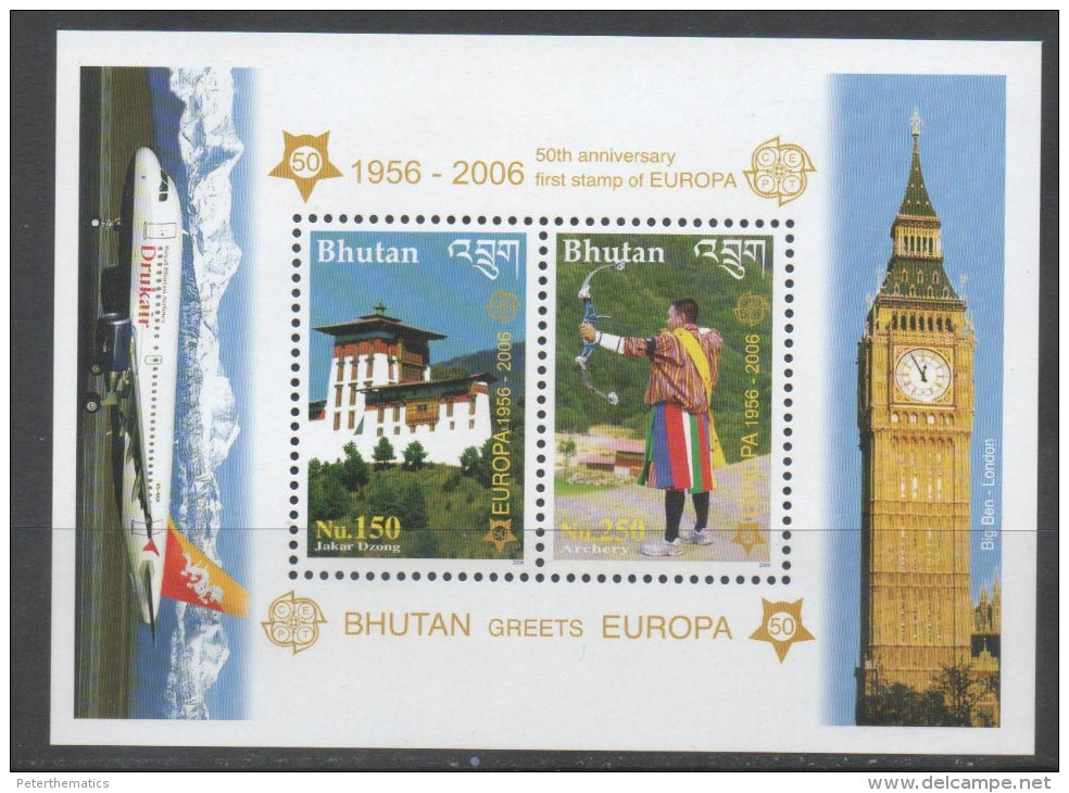 BHUTAN, 2006, 50TH ANNIVESARY OF EUROPA STAMPS, MOUNTAINS, PLANES, ARCHERY, BIG BEN, LONDON, S/SHEET - Other & Unclassified