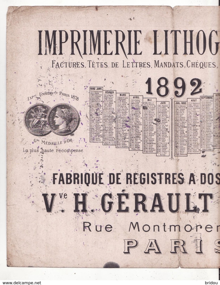 Buvard   IMPRIMERIE GERAULT  à Paris   Rue Montmorency    Année 1892    Grand Format    33 X 25 Cm - G