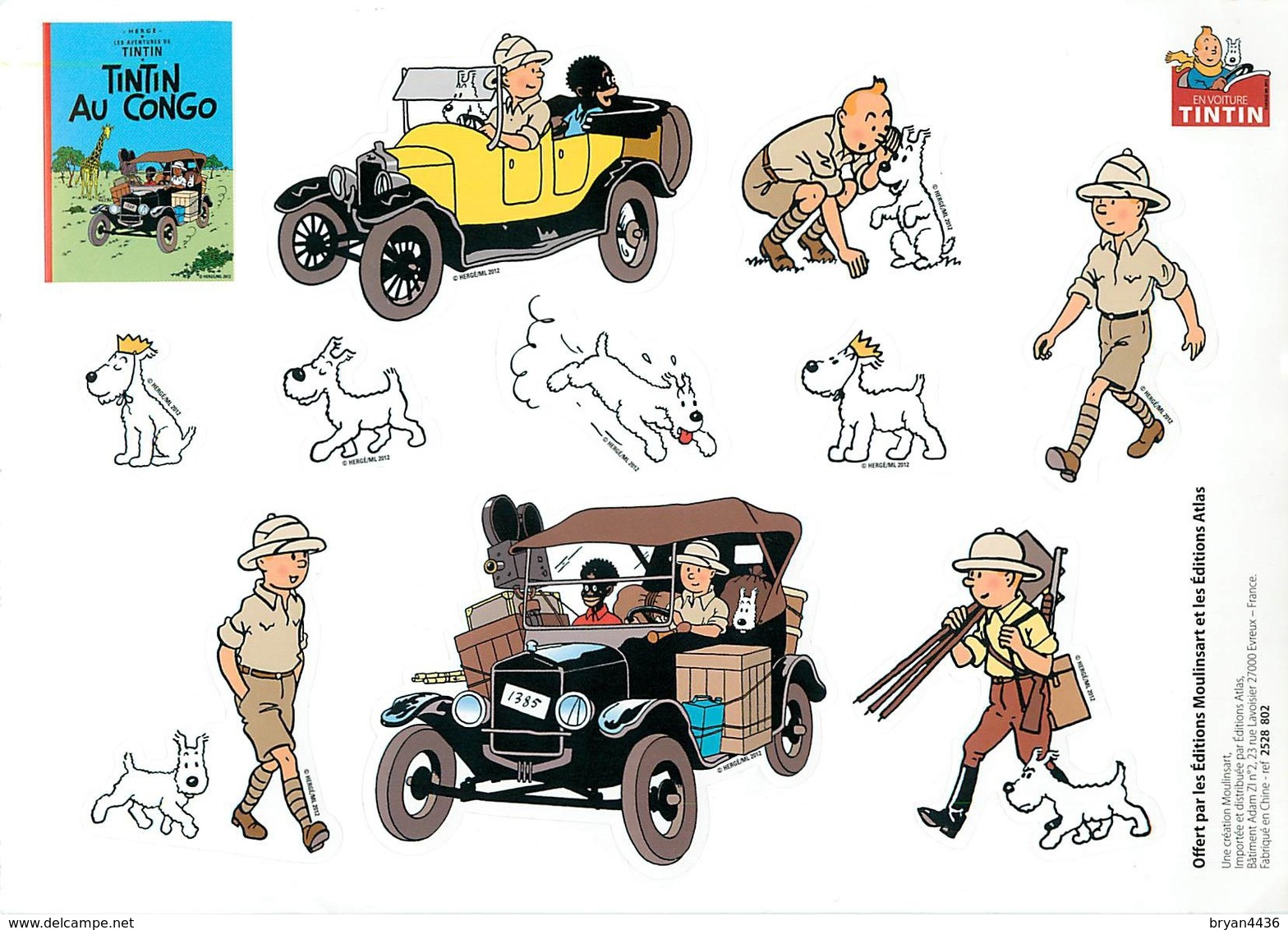 HERGE - ILLUSTRATEUR - TINTIN EN VOITURE - BELLE PLANCHE DE DECALCOMANIS - "TINTIN AU CONGO" - AUTOMOBILE - (15 X 21 Cm) - Hergé