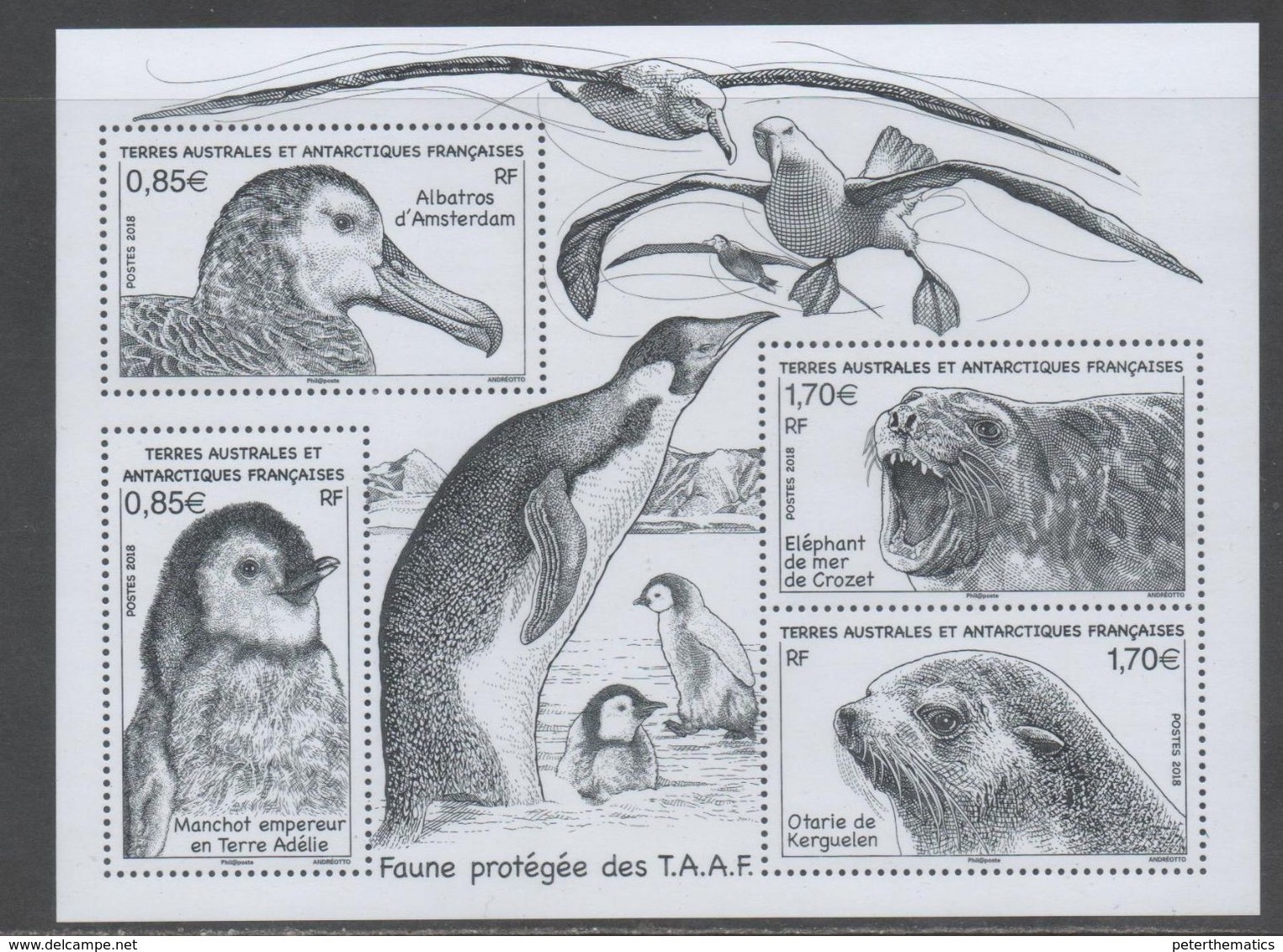 TAAF, FRENCH ANTARCTIC, 2018, MNH ,PROTECTED FAUNA, BIRDS, PENGUINS, ALBATROSS, SEALS, SHEETLET - Penguins