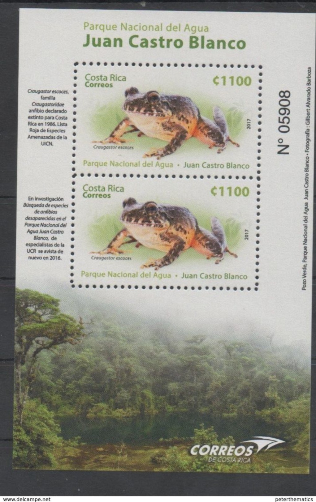 COSTA RICA, 2017, MNH, FROGS, NATIONAL PARKS, NATIONAL PARK OF JUAN CASTRO BLANCO, SHEETLET - Frogs