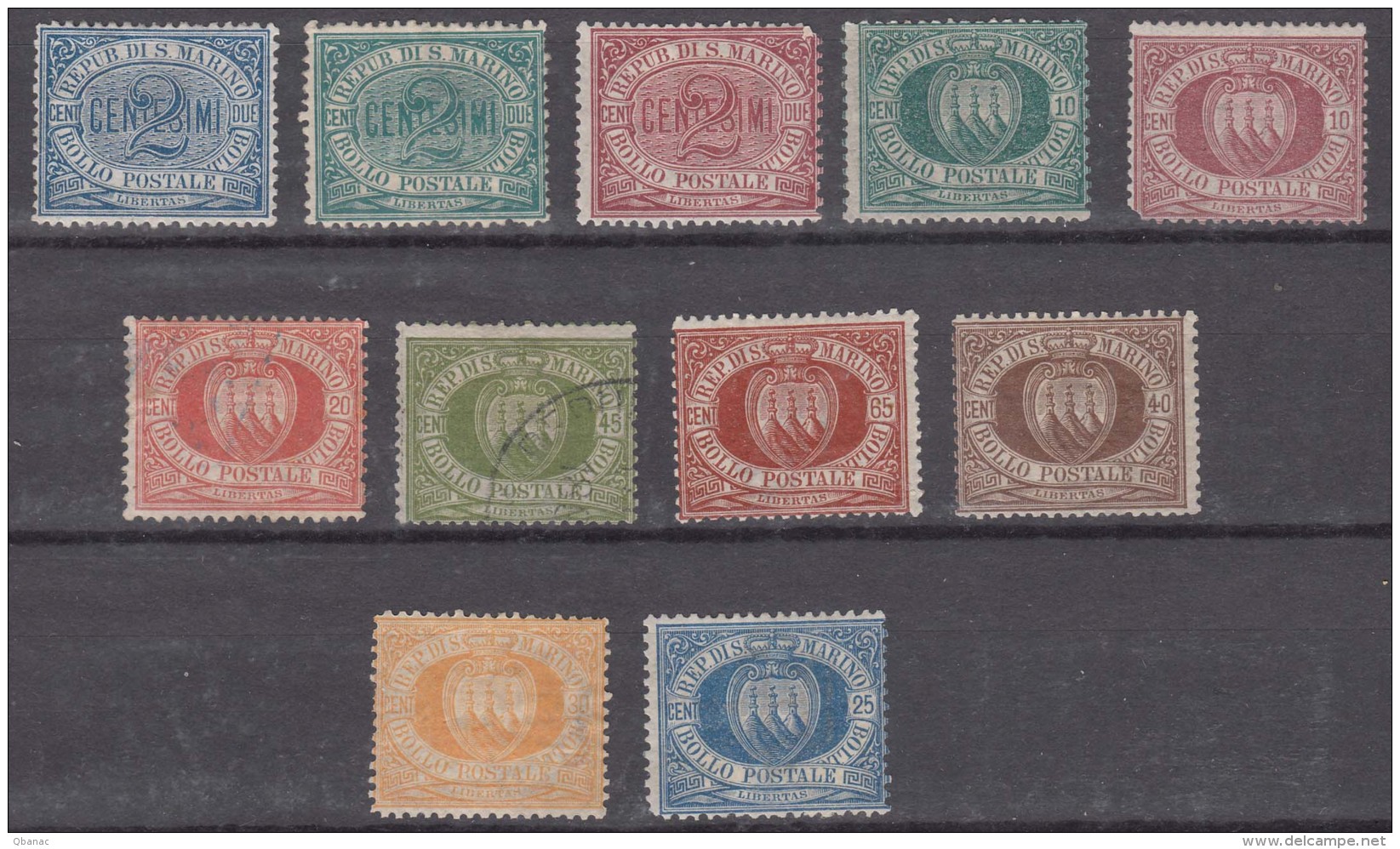 San Marino First Issue 1877/1892/1894 Coat Of Arms Lot, 20c And 45c Used, Other Mint Hinged (with Gum) - Nuevos