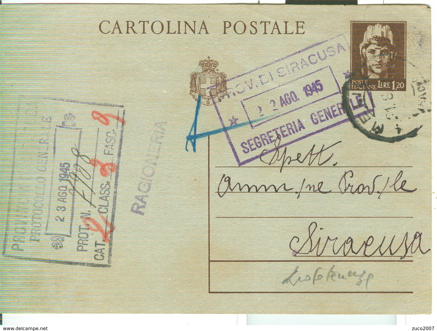CARTOLINA POST. TURRITA CON STEMMA £ 1,20,TIMBRO POSTE MELILLI (SIRACUSA),1945,PER SIRACUSA, - Storia Postale