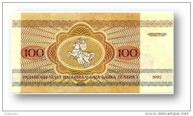 BELARUS - 100 Rublei - 1992 - P 8 - Unc. - Serie BA ( БА ) - " Pagonya " Warrior On Horseback / Wisent ( Bison ) - Belarus