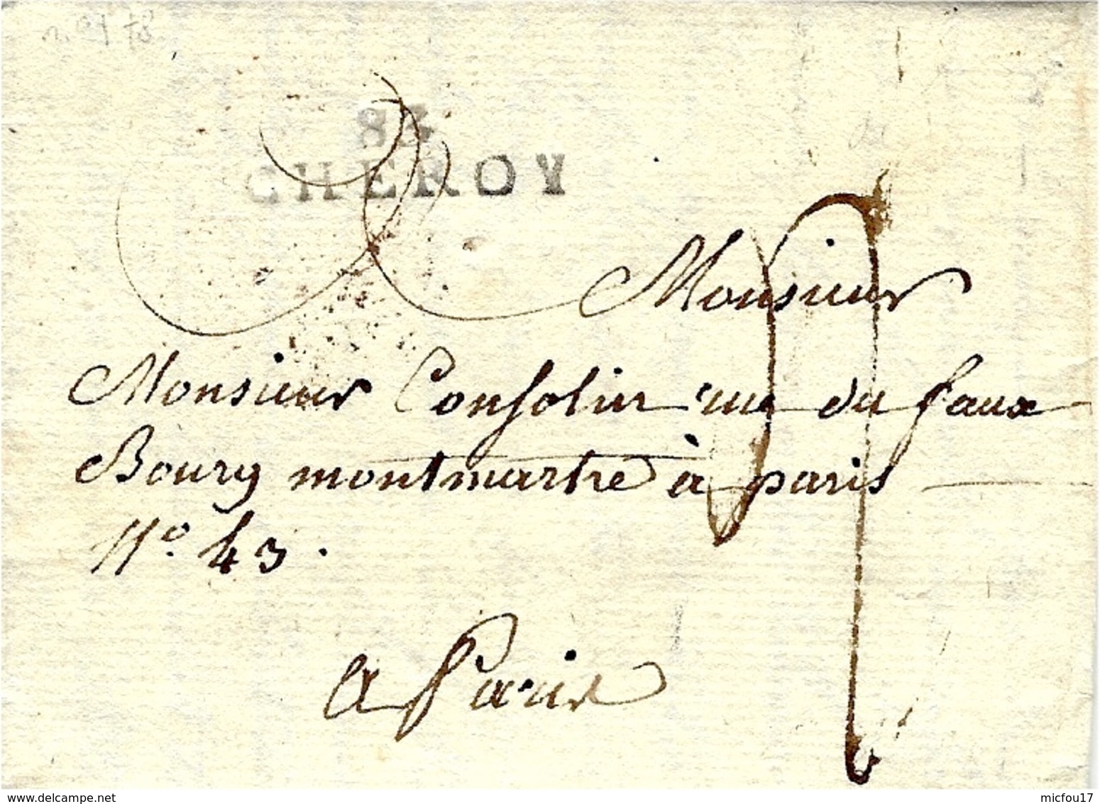 1818- Lettre De 83 / CHEROY ( Yonne ) 29 X 8 Mm Noir Taxe 4 Pour Paris - 1801-1848: Précurseurs XIX