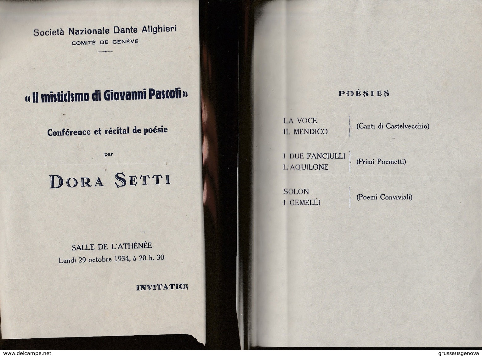 SOCIETA DANTE ALIGHIERI MISTICISMO DI PASCOLI DORA SETTI COMITA GENEVE (16786SC1 - Programmi