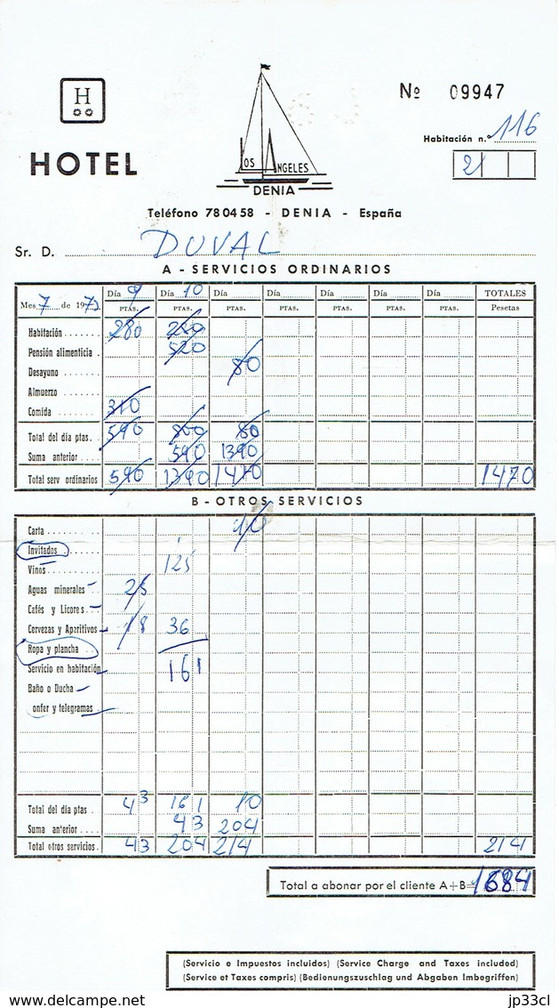 Ancienne Facture De L'Hôtel Los Angeles, Denia (Espagne) (10/7/1973) - Espagne