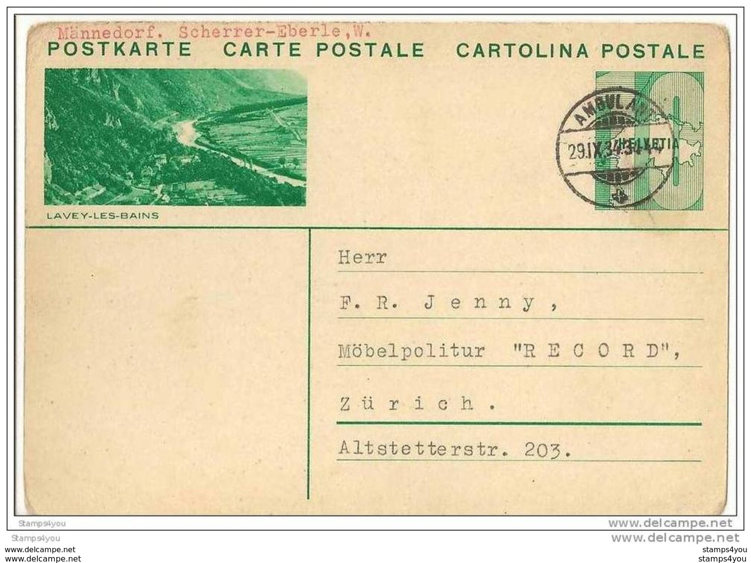 4 - 89  -  Entier Postal Avec Illustration Lavey-les-Bains - Superbe Cachet à Date Ambulant 1934 - Interi Postali