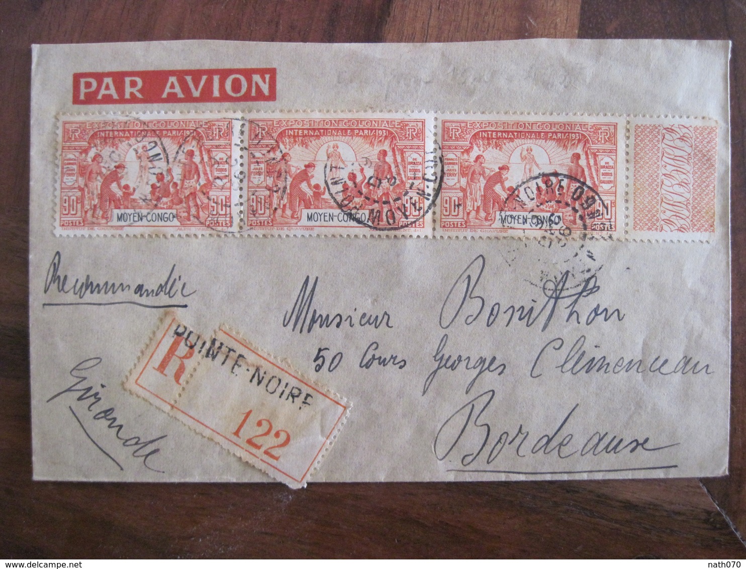 Lettre MOYEN CONGO Pointe Noire 1936 France Enveloppe Cover Colonie AEF Empire Recommandé Bel Affranchissement - Brieven En Documenten