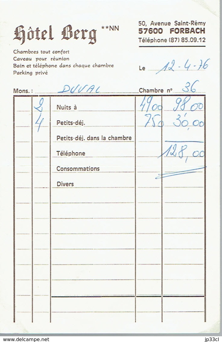 Ancienne Facture De L'Hôtel Berg, Avenue Saint-Rémy, Forbach (12/4/76) - Alimentaire