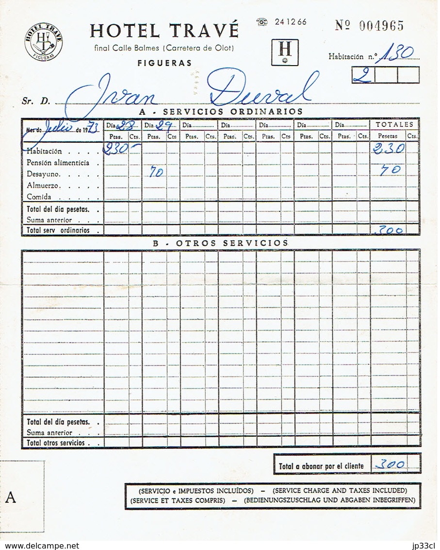 Ancienne Facture De L'Hôtel Travé, Carretera De Olot, Figueras, Espagne (29/7/73) - Espagne