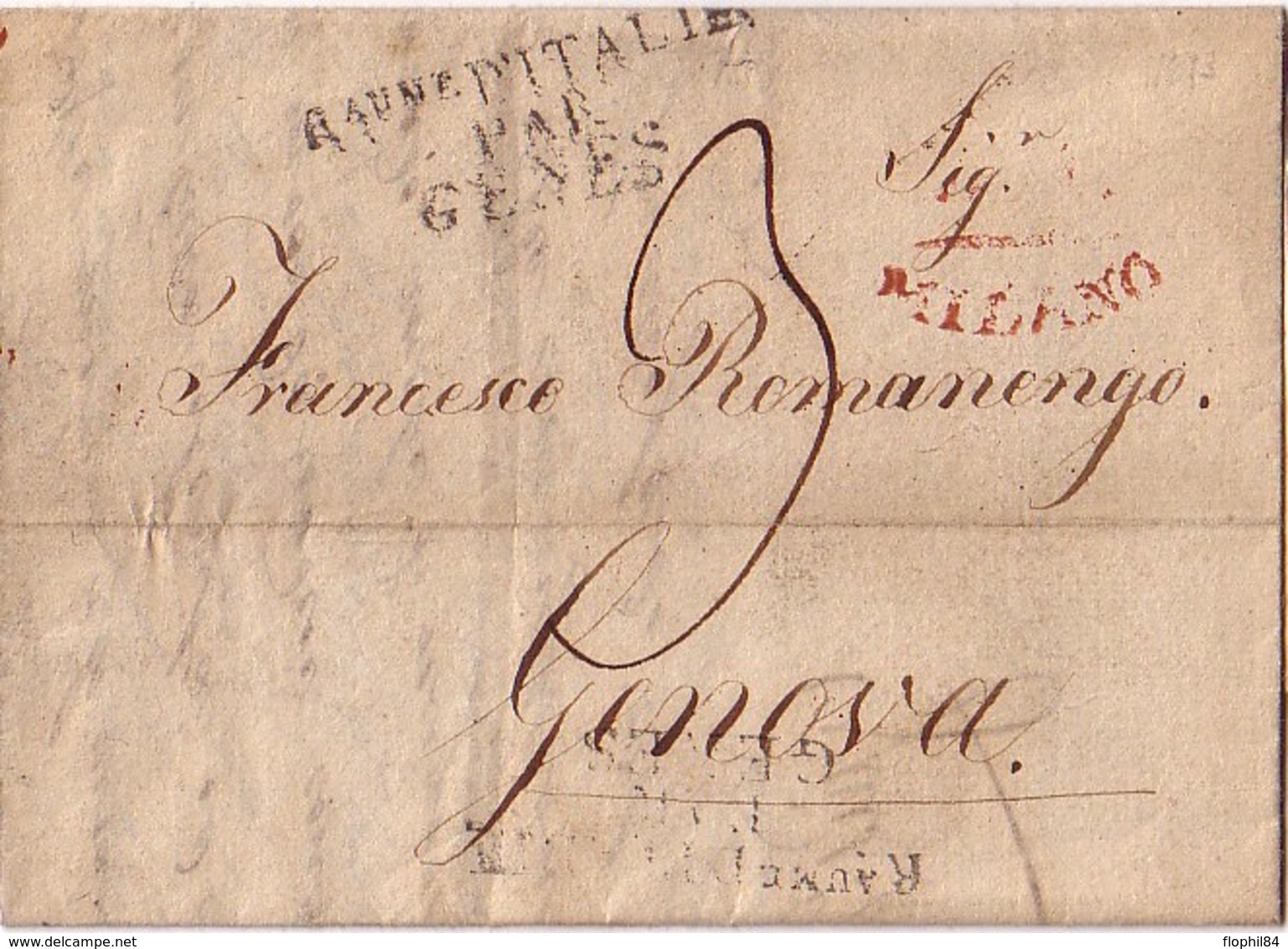 ITALIE - Rau D'ITALIE / PAR / GENES - MILANO - LE 9 JUIN 1813 - LETTRE AVEC TEXTE ET SIGNATURE "GUIS. ANT. BATTAGLIA" - Marques D'entrées