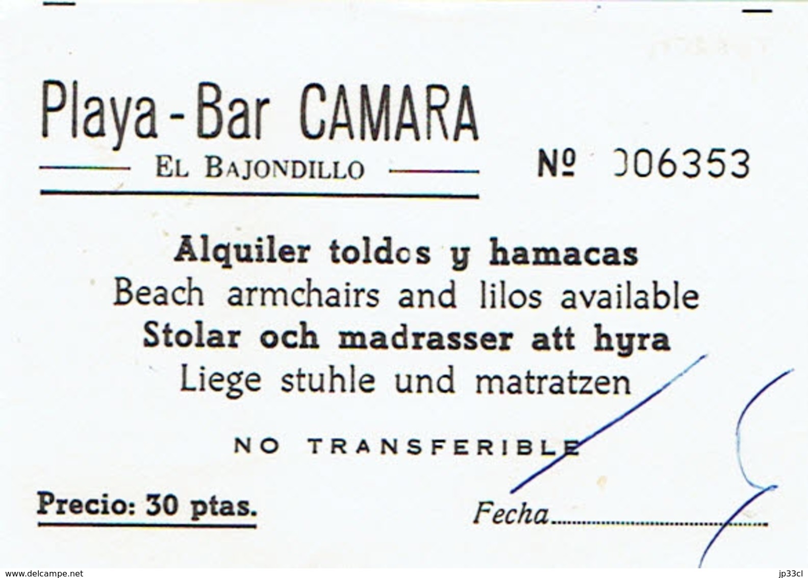 Ancien Ticket D'entrée Playa Bar Camara El Bajondillo Torremolinos (années 1970) - Tickets D'entrée