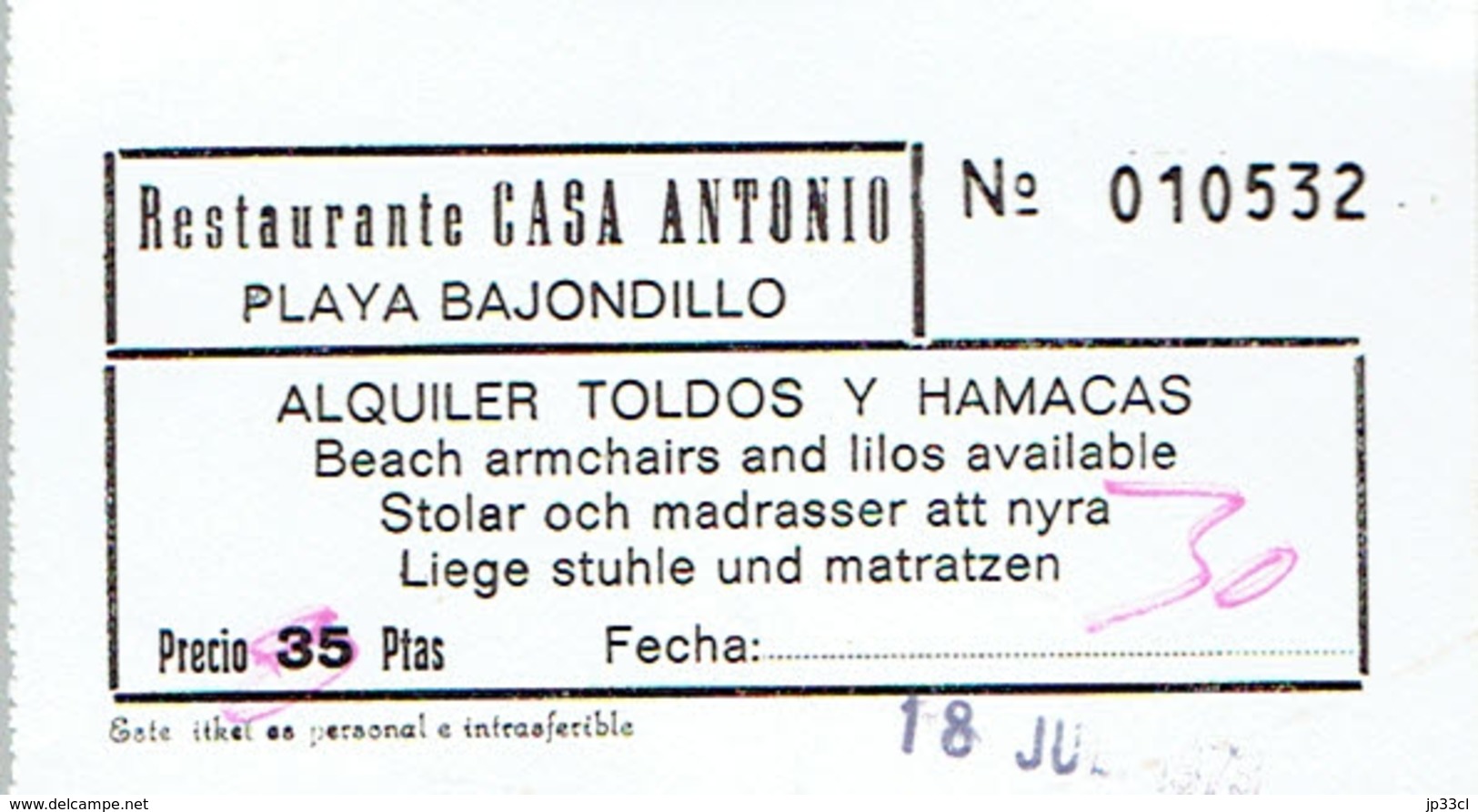 Ancien Ticket D'entrée Restaurant Casa Antonio Playa Bajondillo Torremolinos (années 1970) - Tickets D'entrée