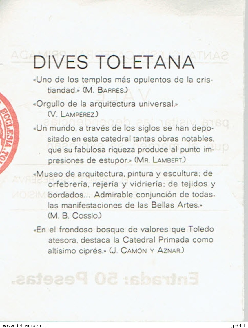 Ancien Ticket D'entrée à La Cathédrale De Tolède Santa Iglesia Catedral Primada Toledo 1970 - Tickets - Vouchers