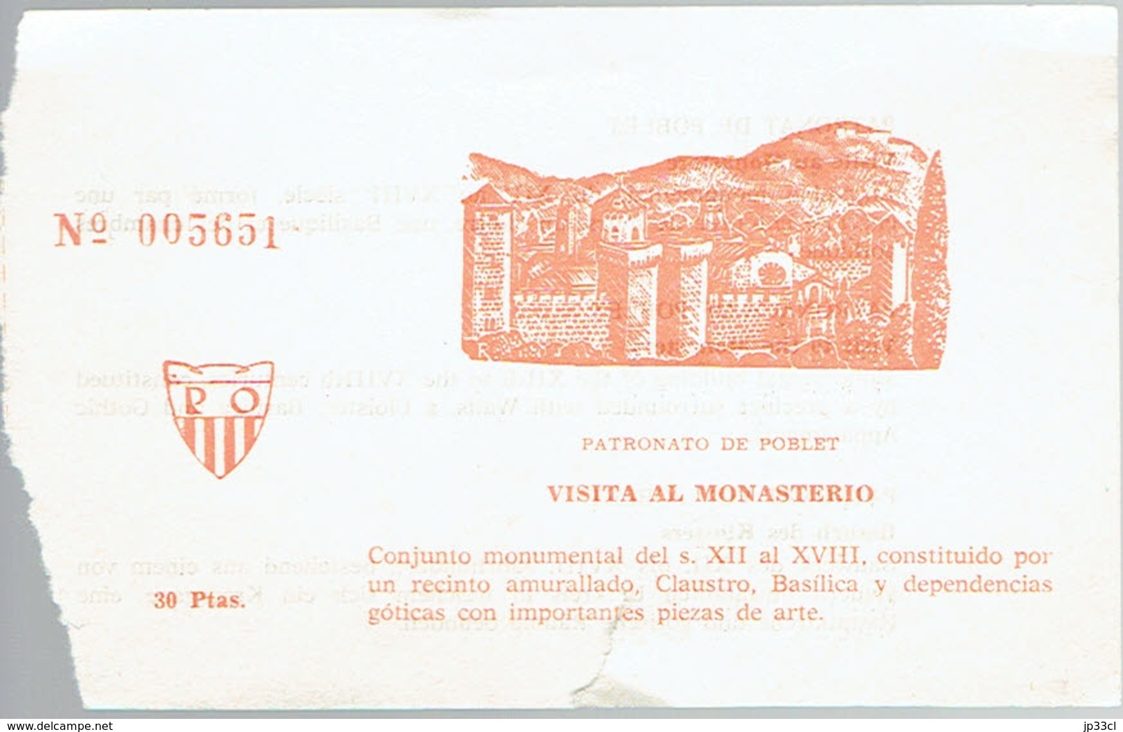 Ancien Ticket D'entrée Au Monastère Monasterio De Poblet (Espagne) (Années 1970) - Tickets D'entrée