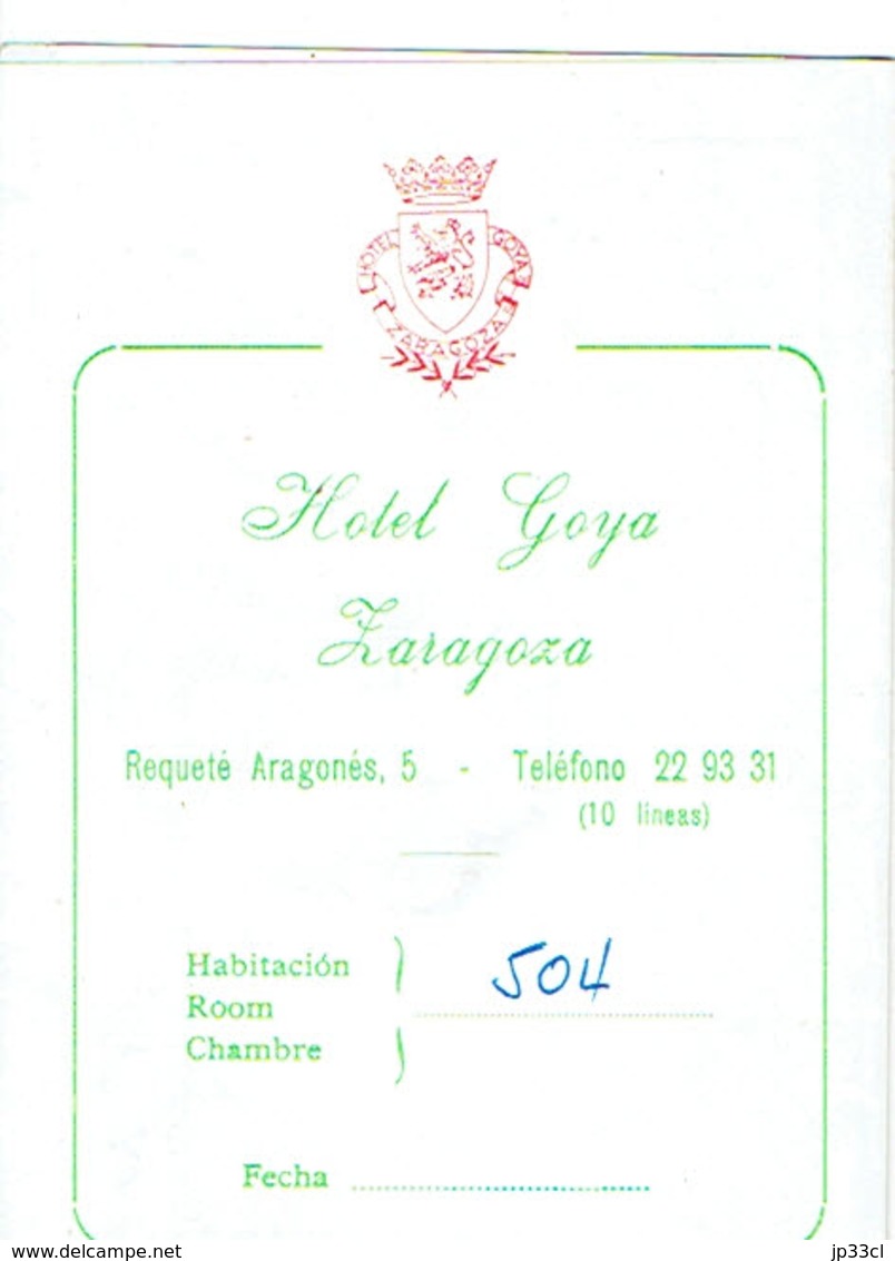 Carte De Visite De L'Hôtel Goya Zaragoza Saragosse (Espagne) (vers 1975) - Visiting Cards