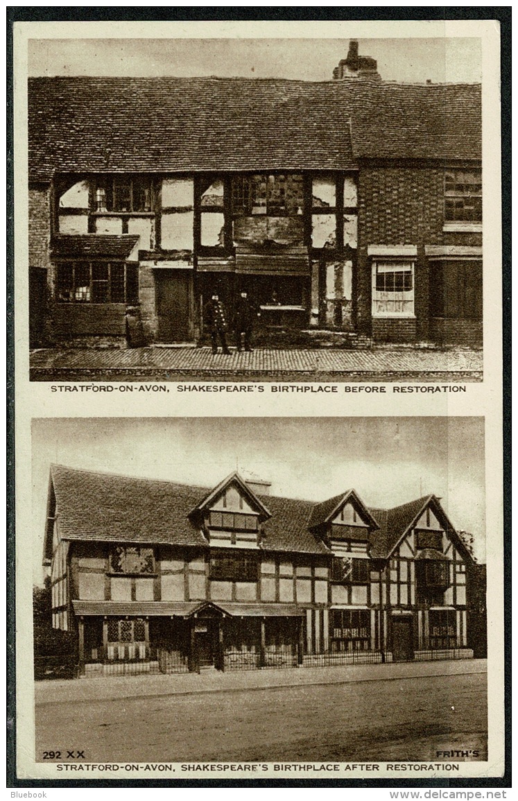 RB 1203 -  Early Postcard - Shakespeare's Birthplace Before &amp; After Restoration - Stratford-on-Avon Warwickshire - Stratford Upon Avon