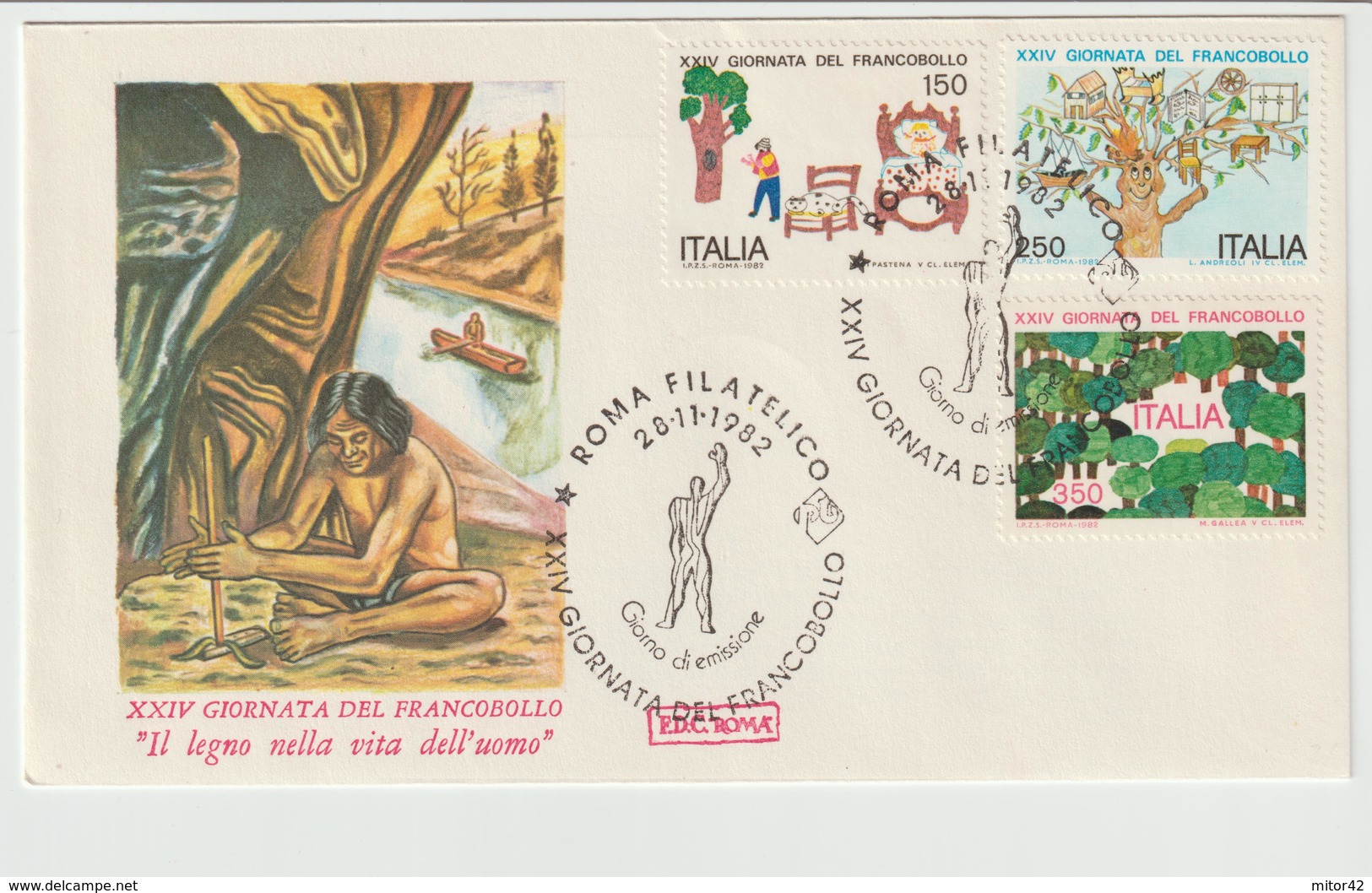 346-Storia Postale-Marcofilia-Tema:Filatelia-Disegni Bambini-Lavoro Legno-Annullo Speciale Roma  1982 Su F.D.C.Roma - 1981-90: Storia Postale