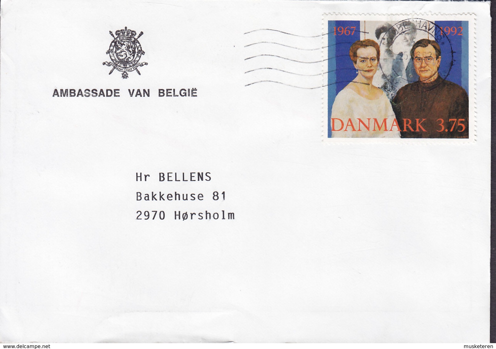 Denmark AMBASSADE VAN BELGIE, KØBENHAVN 1992 Cover Brief HØRSHOLM Royal Siver Wedding Stamp - Briefe U. Dokumente