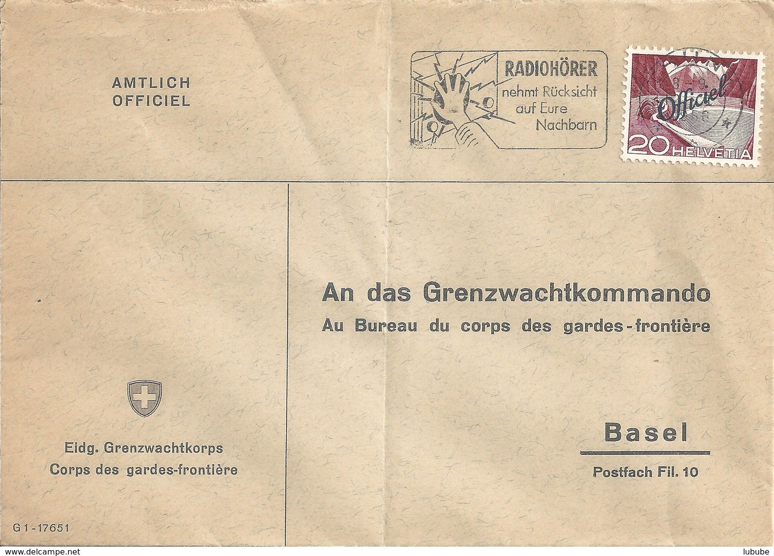 Officiel Brief  "Grenzwachtkorps"  Thun - Basel             1956 - Storia Postale