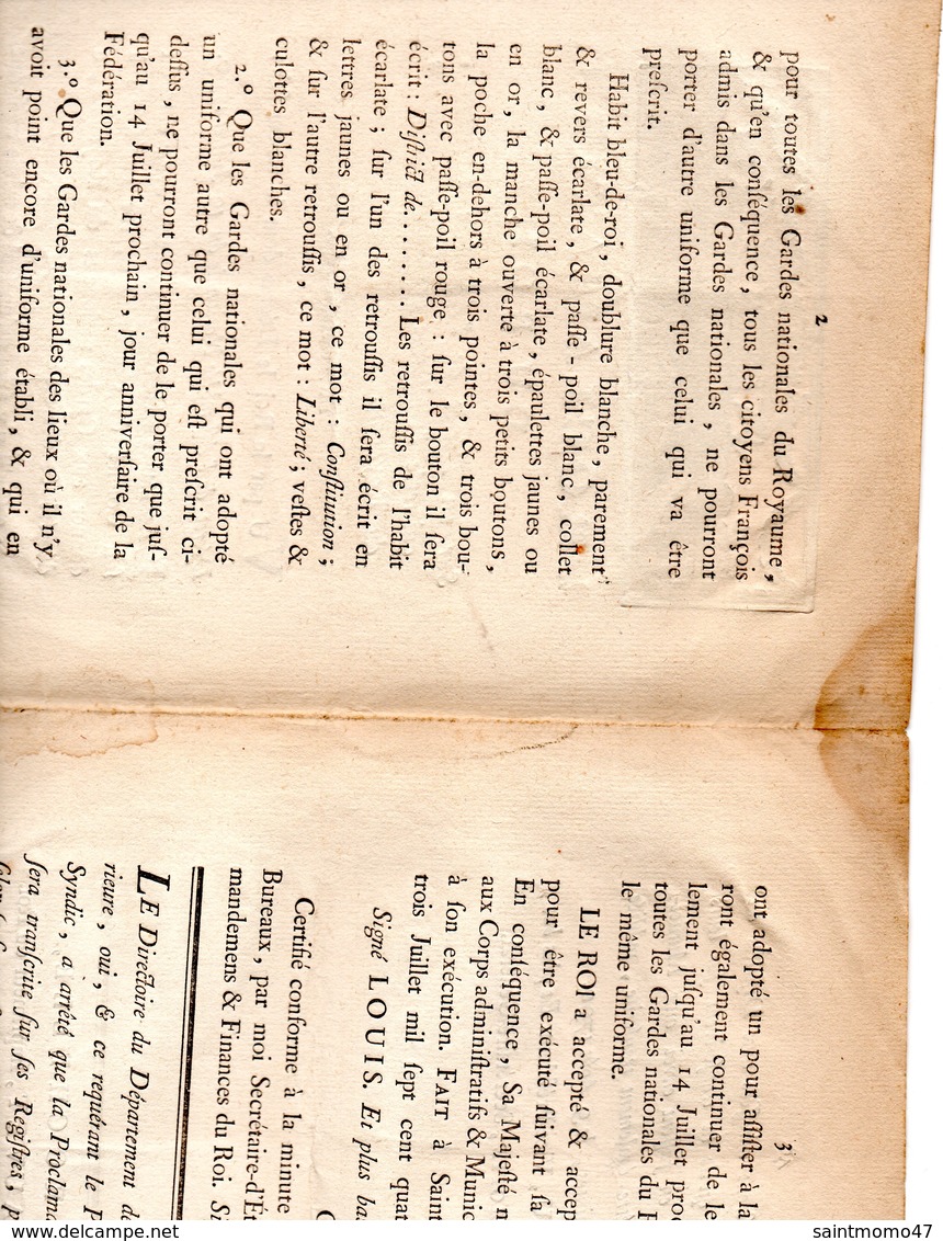 PROCLAMATION DU ROI, SUR UN DÉCRET QUI RÈGLE L'UNIFORME DES GARDES NATIONALES . IMP. LA ROCHELLE - Réf. N°75F - - Documents