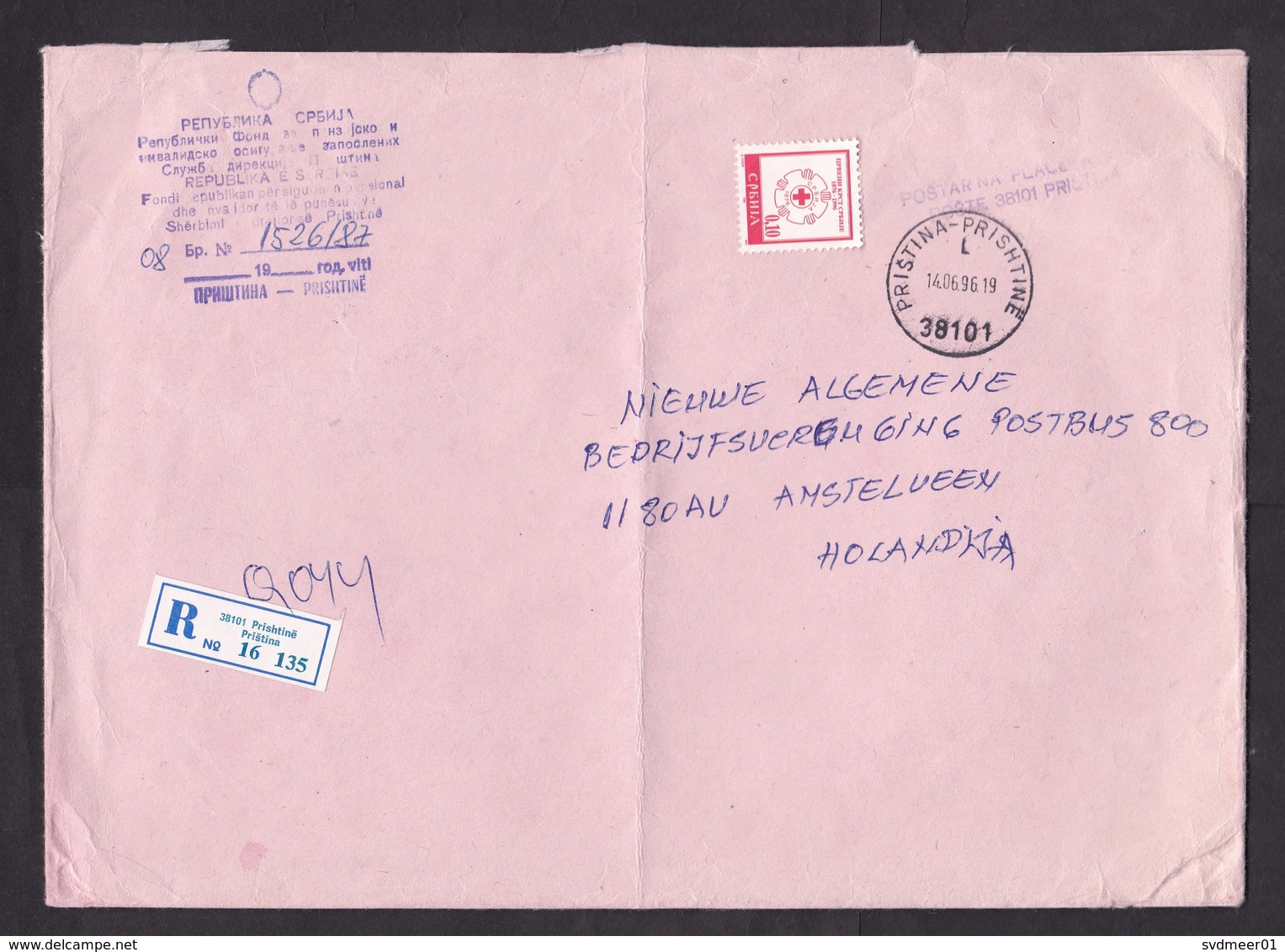 Serbia-Kosovo: Registered Official Cover To Netherlands, 1996, Tax Stamp Red Cross, Dual Language R-label (minor Damage) - Servië