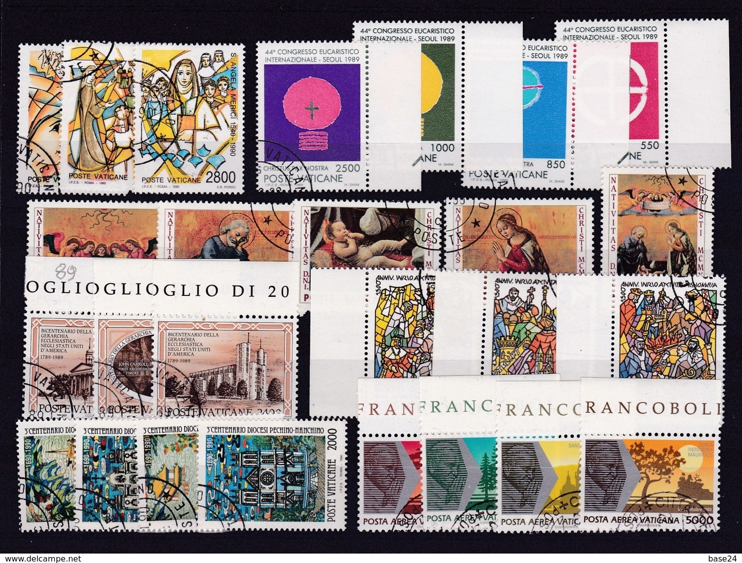 1989 1990 Vaticano Vatican 7 Serie USATE: SEOUL, GERARCHIA ECCLESIASTICA, S. ANGELA MERICI, NATALE, A, WILLIBRORD, D.... - Used Stamps