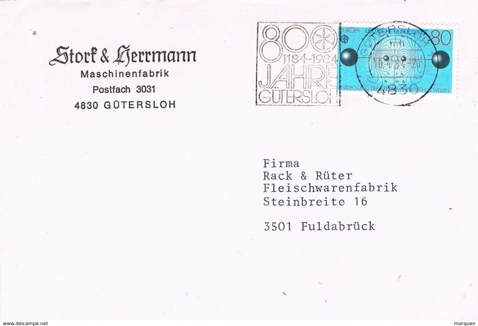 28764. Carta GÜTERSLOH (Alemania Federal) 1984. 800 Jahre Gütersloh - Cartas & Documentos