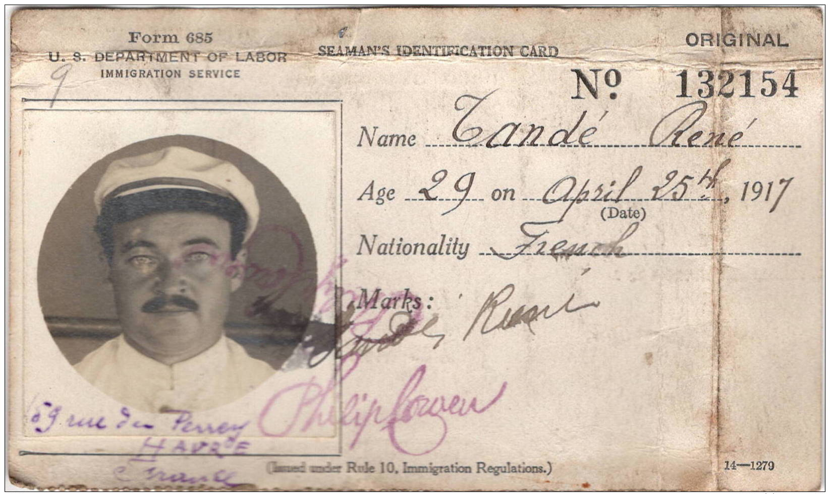Le Havre  New York  1917  Carte  De Marin étranger, Service De L'immigration  RARE - Sin Clasificación