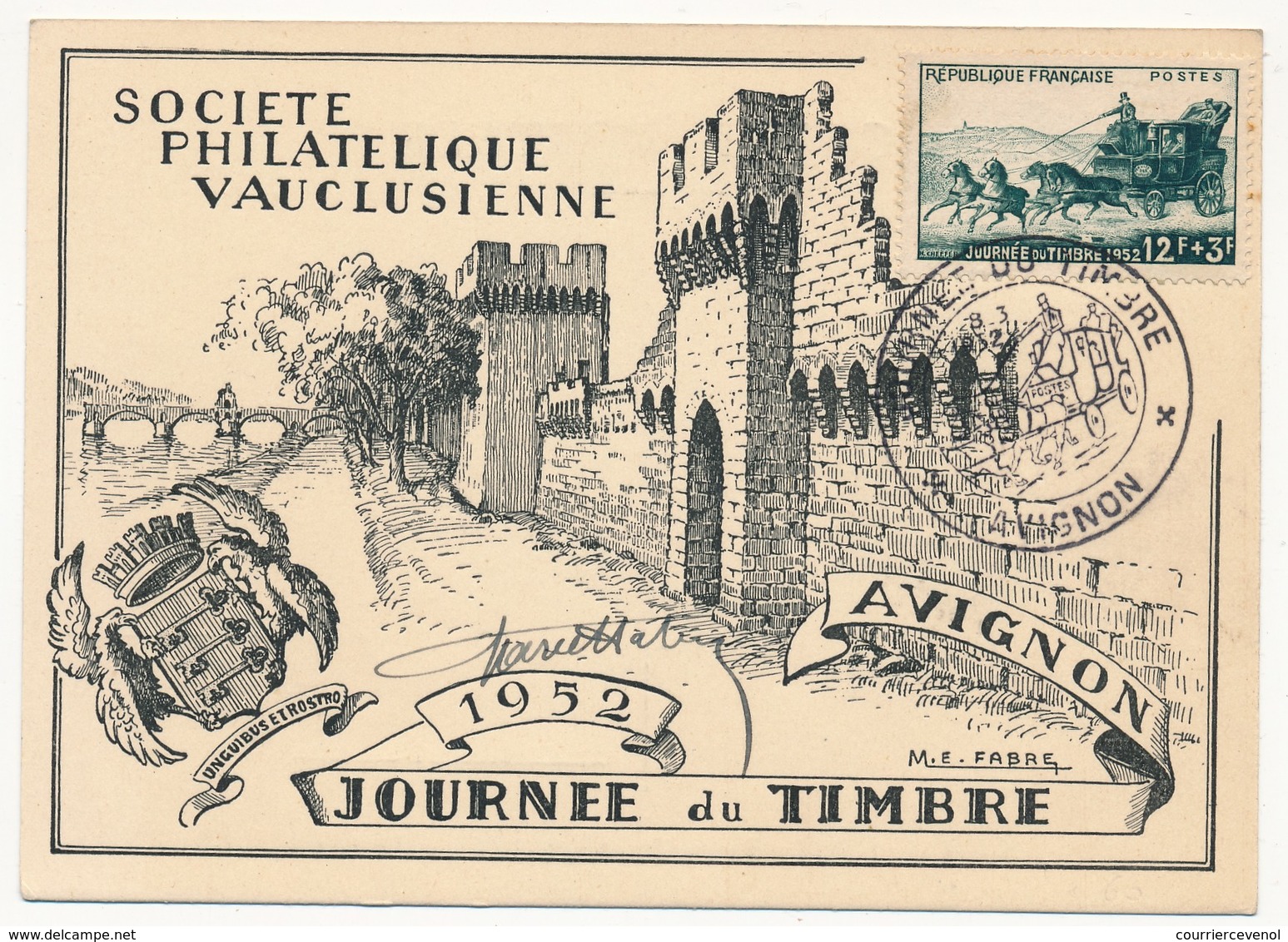 Carte Locale - Journée Du Timbre 1952 - Berline Postale - AVIGNON (Vaucluse) - Signature Du Dessinateur Marcel Fabre - Briefe U. Dokumente