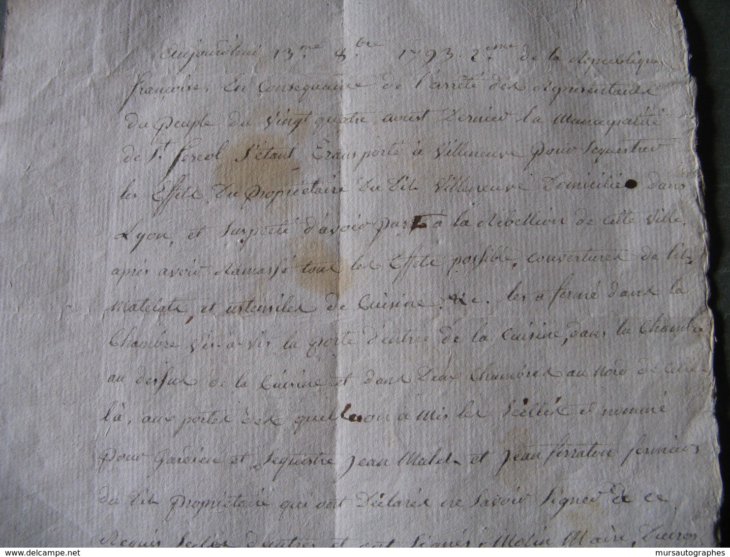 DOCUMENT MANUSCRIT SEQUESTRE PRISONS REVOLTE LYON FAMILLE JULLIEN DE VILLENEUVE 1793 Signé - Documenti Storici