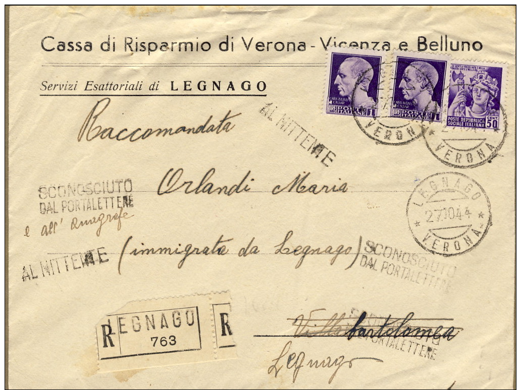 1944- RSI Busta Raccomandata Affr. Con Due L.1 Imperiale+50c. Monumenti Distrutti Annullo Legnago Verona E Timbri Al Mit - Storia Postale