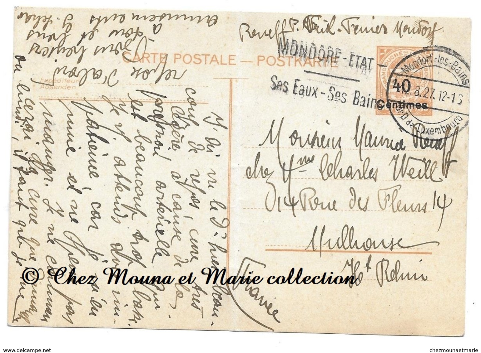 MONDORF LES BAINS 1927 POUR MULHOUSE - ENTIER POSTAL 30 SURCHARGE 40 CENTS - LUXEMBOURG - Maschinenstempel (EMA)