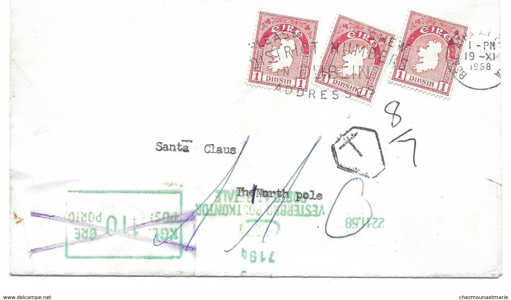 SANTA CLAUS PERE NOEL POLE NORD 110 ORE + TAXEE IRLANDE 3 PENCE - SUR ENVELOPPE - Lettres & Documents