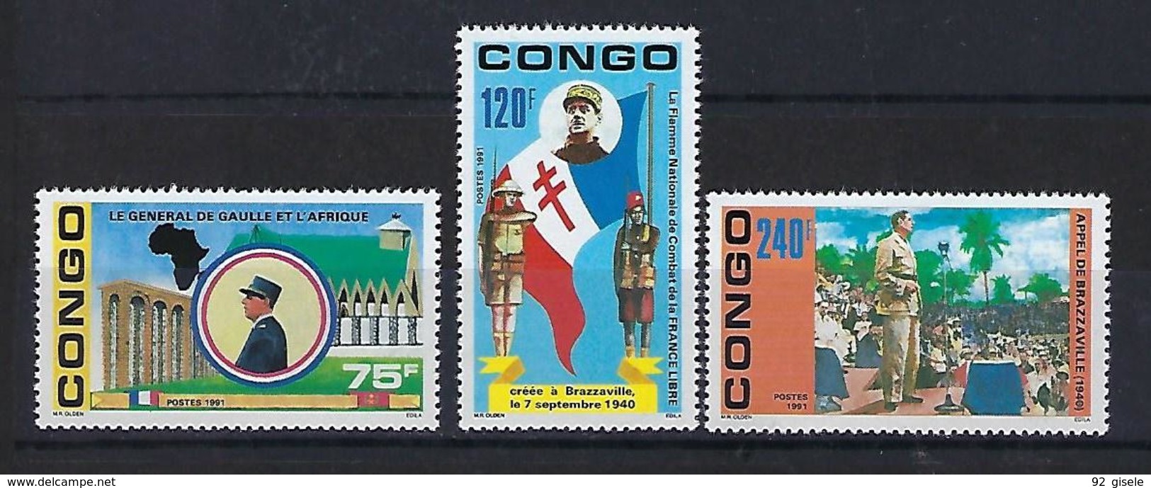 Congo YT 933 à 935 " Général De Gaulle " 1991 Neuf** - Neufs