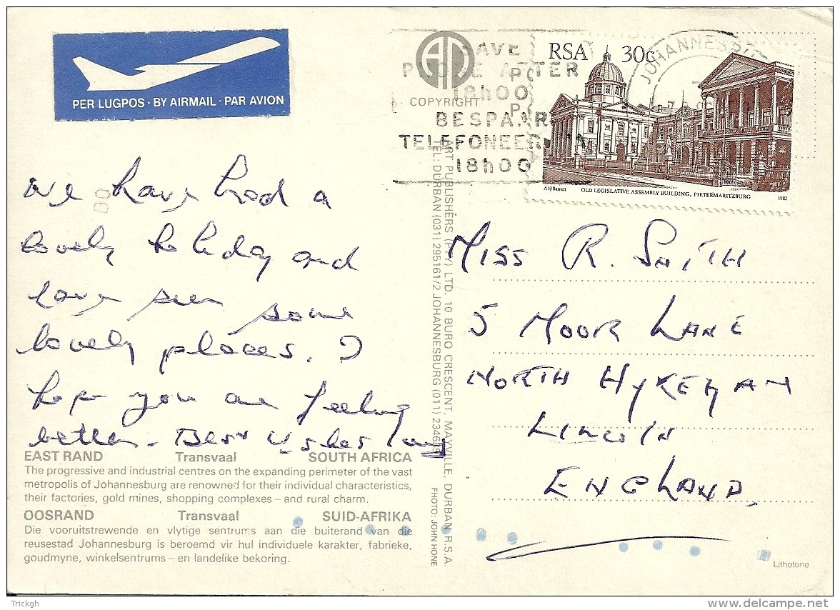 RSA 1982 Johannesburg &gt;&gt; North Hykehan Lincoln UK - Covers & Documents