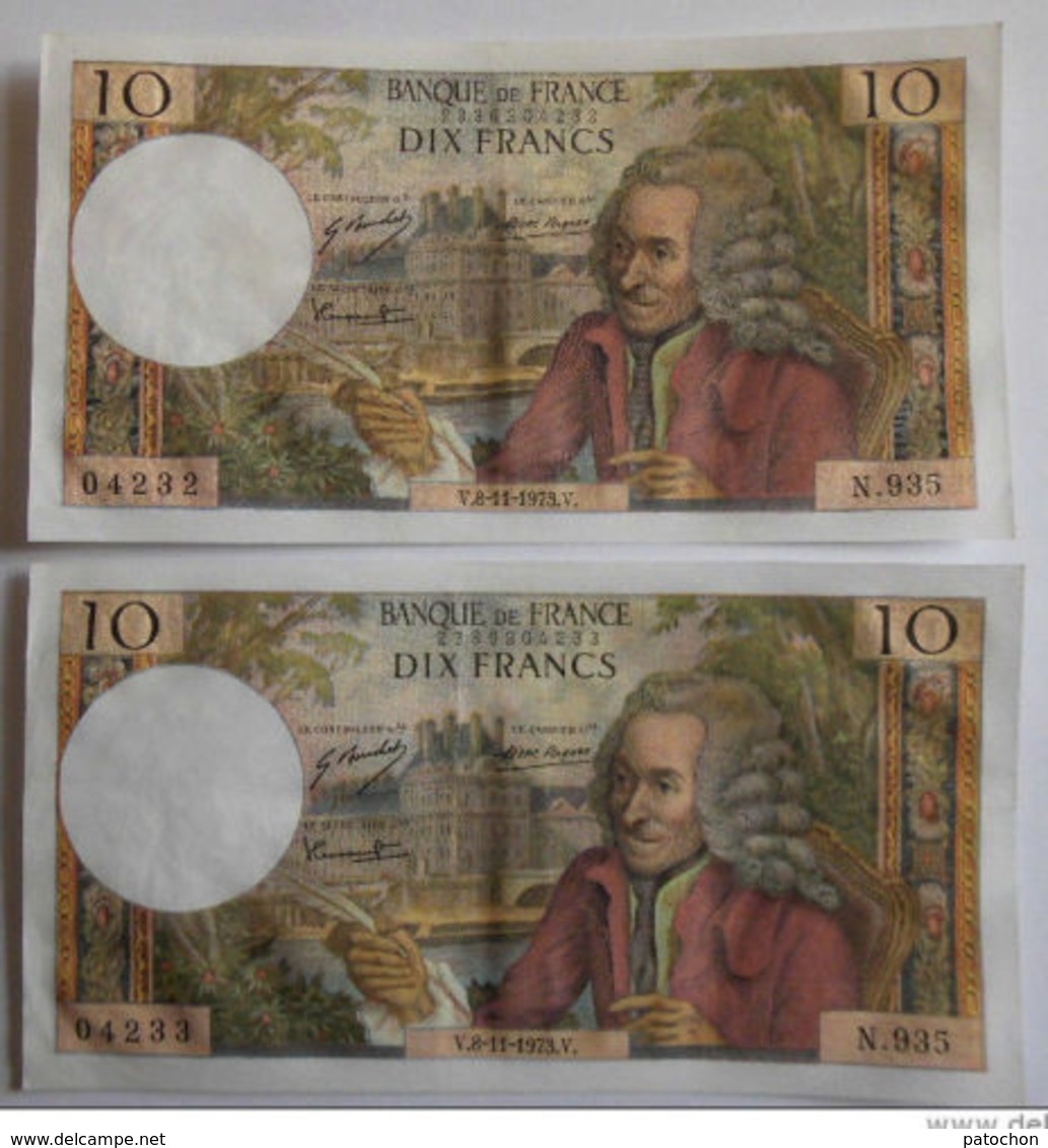 Banque De France Suite 10 Francs Voltaire 1973 N°04232 & 04233 Série N.935. - 10 F 1963-1973 ''Voltaire''