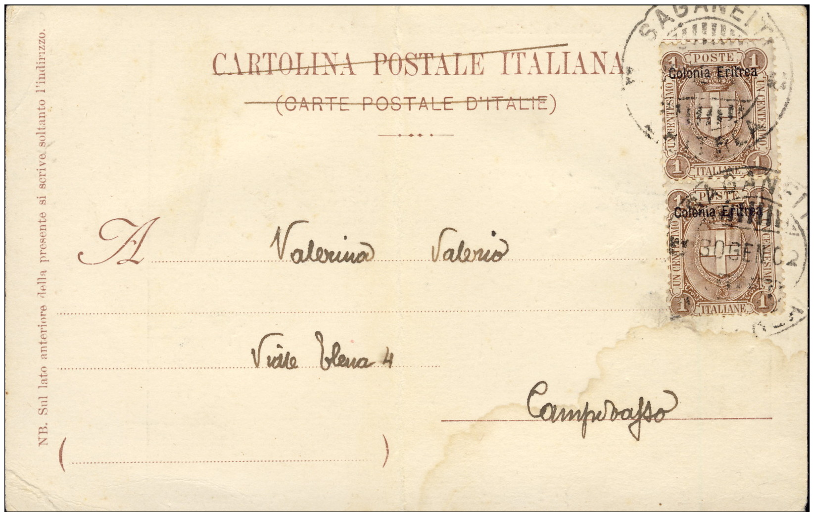 1902--Eritrea Annullo Sagaineti Eritrea Su Cartolina Forte Toselli (piega Centrale) Affr. Coppia 1c. Soprastampato (un E - Erythrée