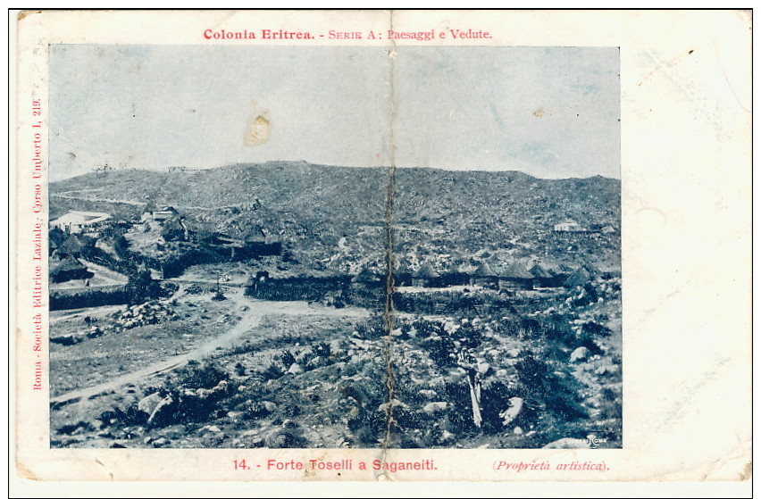 1902--Eritrea Annullo Sagaineti Eritrea Su Cartolina Forte Toselli (piega Centrale) Affr. Coppia 1c. Soprastampato (un E - Eritrea