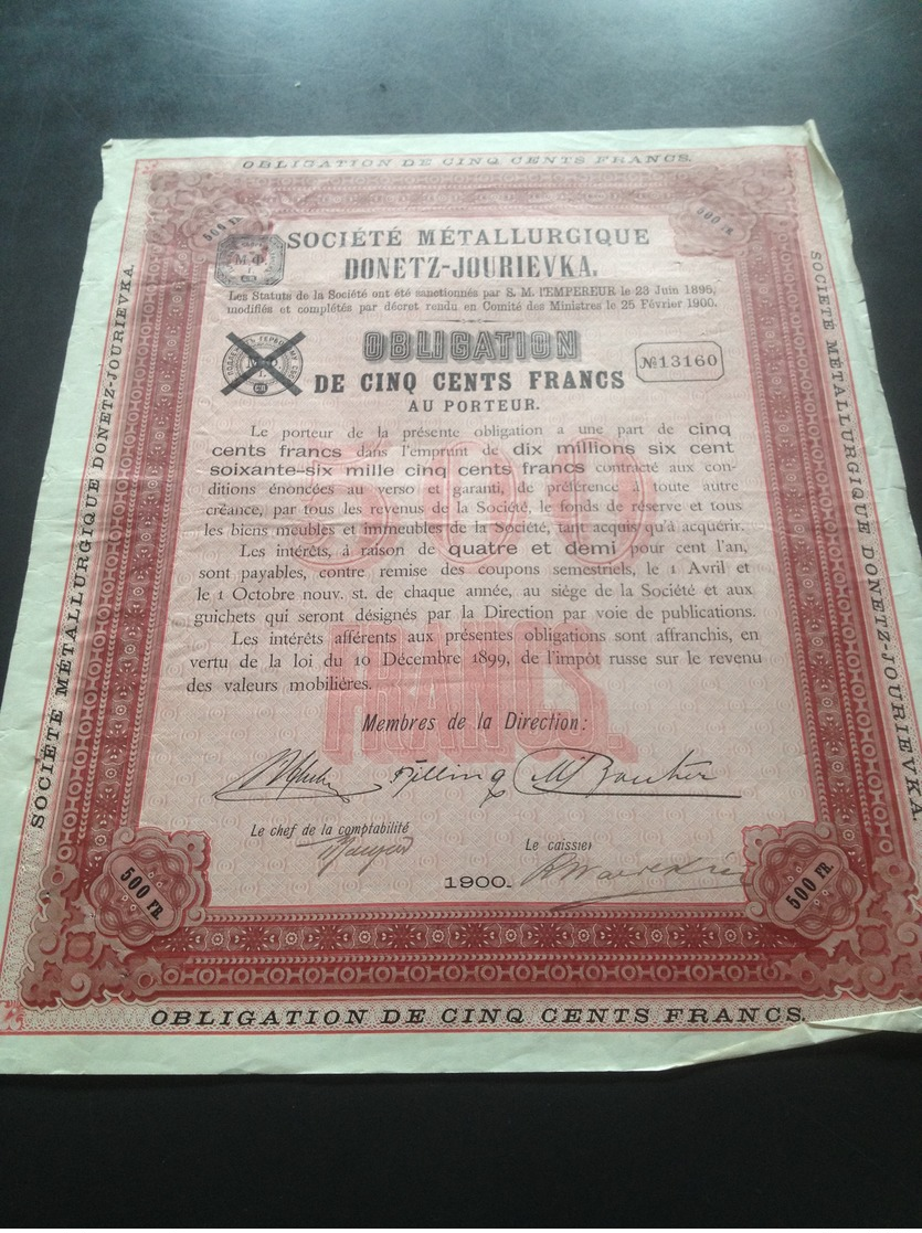 Société Metallurgique Donetz - Jourievka -  Obligation 500 Francs 1900 - Russie