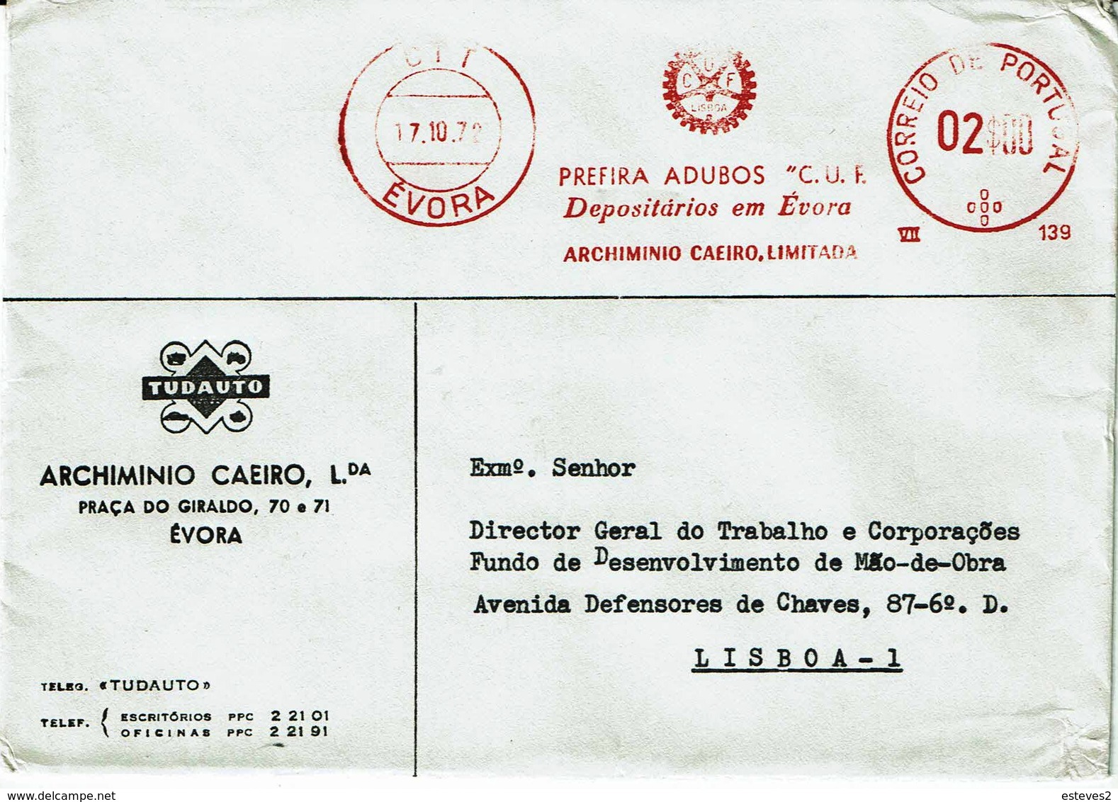 TUDAUTO , ADUBOS CUF , ARCHIMINIO CAEIRO, LDA , Ema 1972 , Evora  PostmarK - Publicités