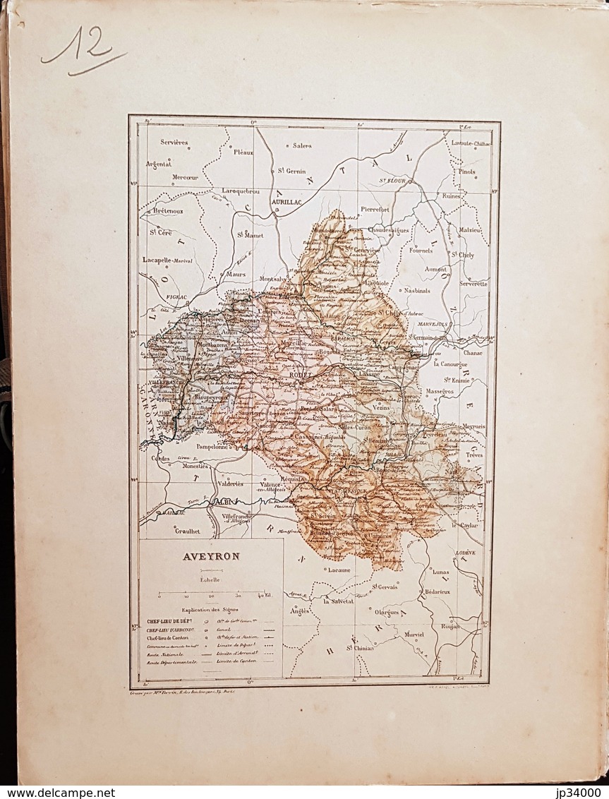 CARTE GEOGRAPHIQUE ANCIENNE: FRANCE: AVEYRON (12) (garantie Authentique. Epoque 19 ème Siècle) - Carte Geographique