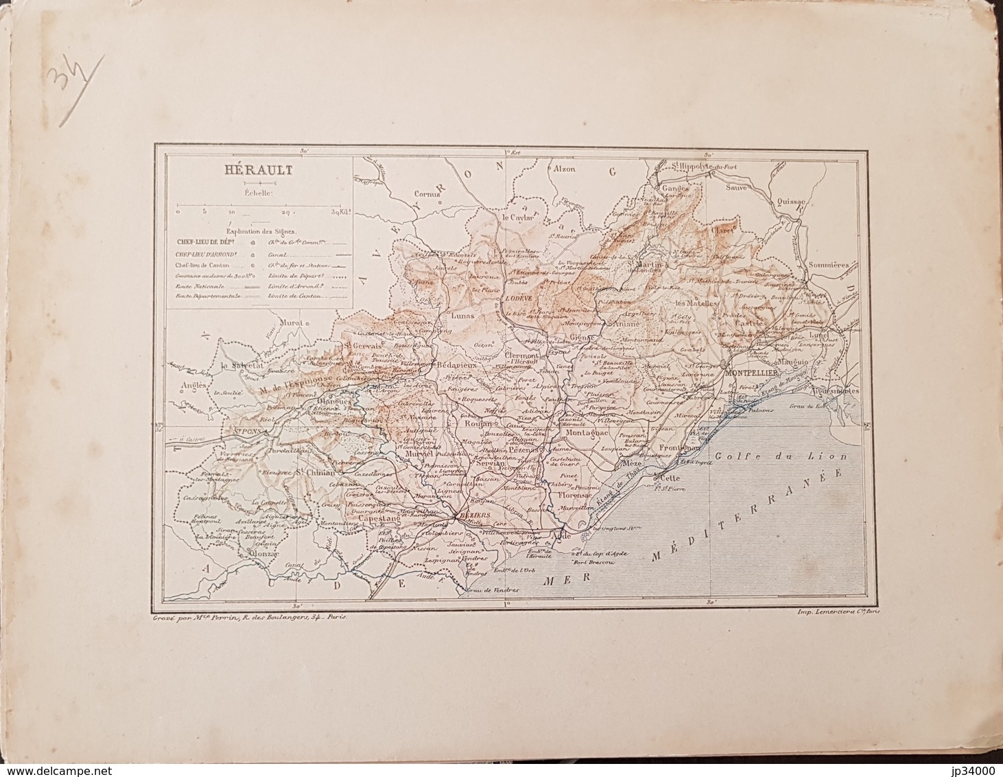 CARTE GEOGRAPHIQUE ANCIENNE: FRANCE: HERAULT (34) (garantie Authentique. Epoque 19 ème Siècle) - Carte Geographique