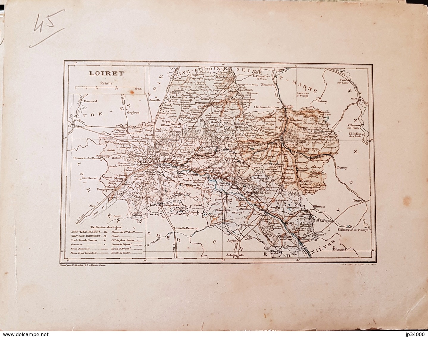 CARTE GEOGRAPHIQUE ANCIENNE: FRANCE: LOIRET (45) (Garantie Authentique. Epoque 19 ème Siècle) - Carte Geographique