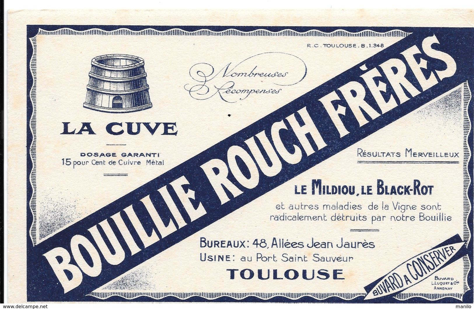 Buvard Ancien Agriculture : BOUILLIE ROUCH FRERES TOULOUSE Contre Le MILDIOU, LE BLACK ROT (lITHOGRAPHIE) LIQUET ANNONAY - Agriculture