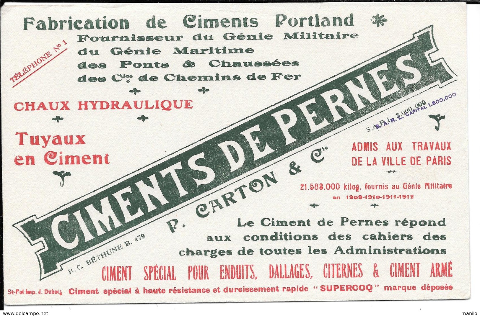 4 Buvards Anciens Industrie : CIMENTS DE PERNES à BETHUNE P.CARTON P/Administrations, Chemins De Fer, Ponts & Chaussées - I