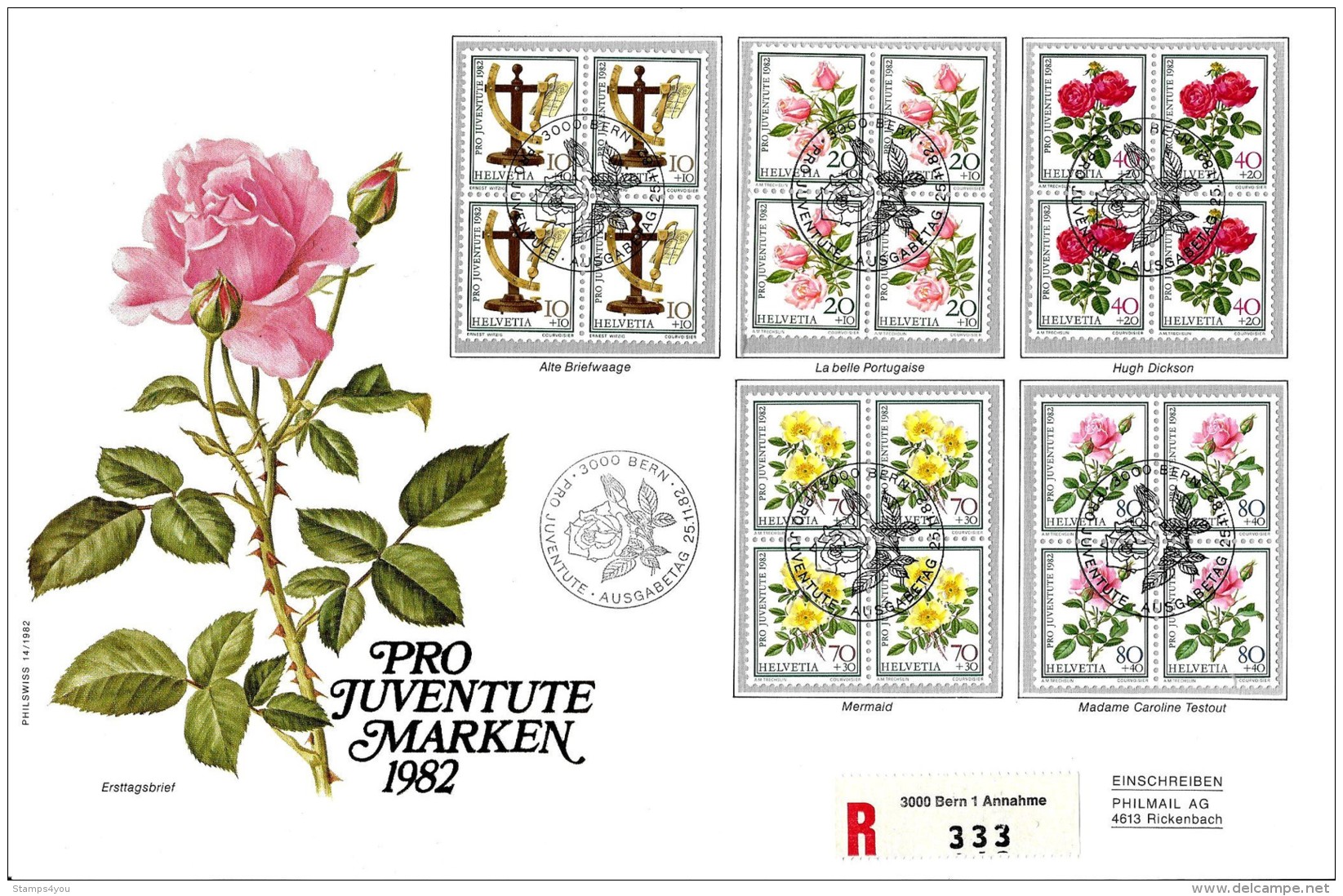 GG - Enveloppe Suisse Recommandée Avec Série Pro Juventute 1982 (blocs De 4) Et Oblit Spéciale 1er Jour - Rosen