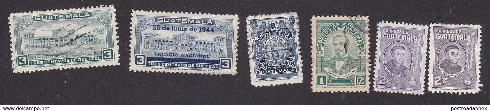 Guatemala, Scott #309, 311, 313-314, 314, UsedMint Hinged, Palace, Torch, Vidaurre, Rivera, Issued 1944-45 - Guatemala